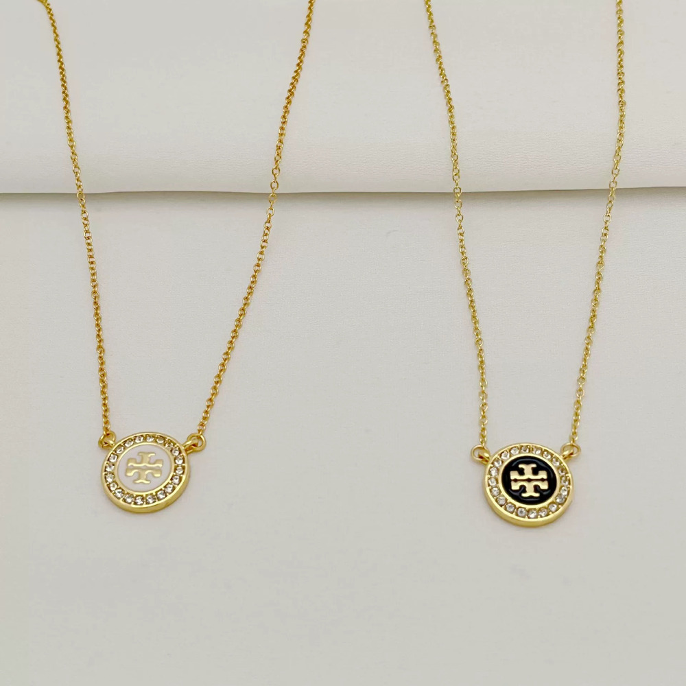 Tory Burch Round Rhinestone Enamel Metal Necklace